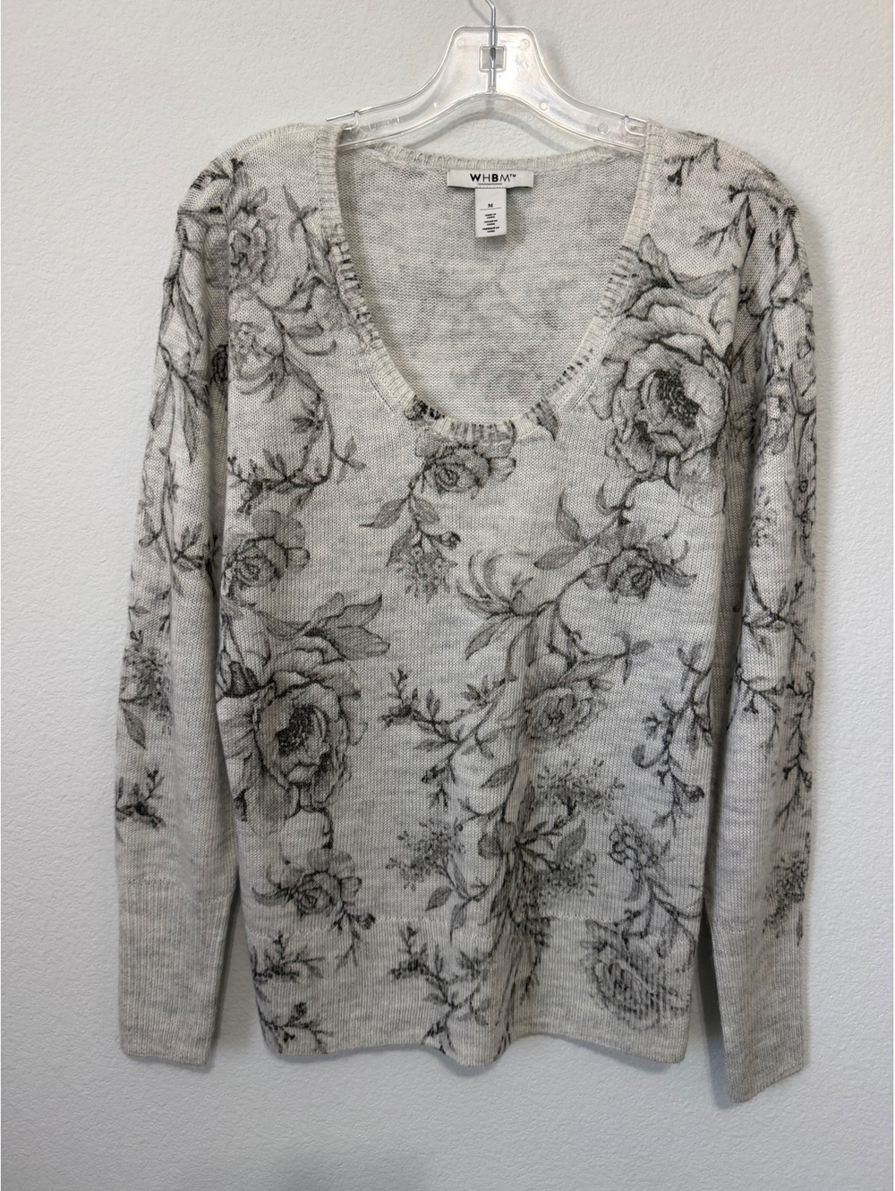 WHBM Long Sleeve Scoop Neck Gray/Cream Floral Pullover Sweater Women's Size M